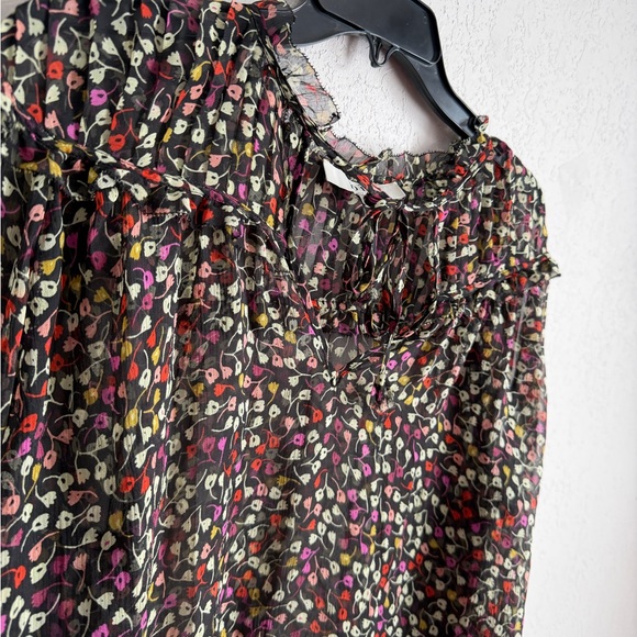 Joie Sheer Black Pink Floral Tie V-Neck Bishop Sleeve Blouse Womens M Preppy - Picture 2 of 5